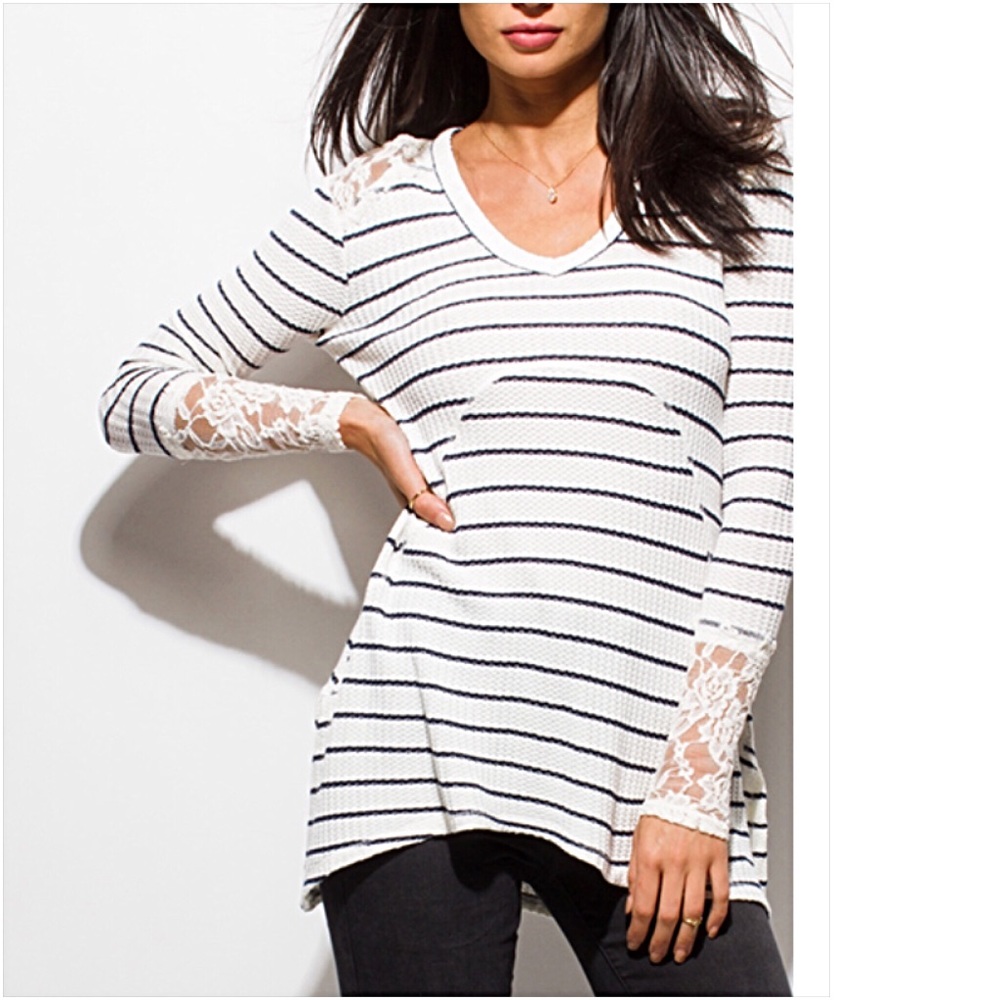 Chic Striped Lace Stretchy Tunic Top SM - Picture 4 of 8